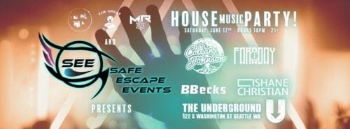 "Since the beginning of time 'twas written in the stones that one day a(n event company)... would come. Well, that (event company)... has come and now they are here to cum again in your ear pussies." - Tenacious D Alright, maybe Tenacious D didn’t quite say it like that, but I know a lot of people have looked for an event company to deliver even more than what the big guys can. A vibey atmosphere, beautiful people, a nice space to rage, and a dedication to the music instead of the artists is a show that seems hard to come by these days. Only a few local companies can provide that sort of experience. Lucky for us, one of these event companies, Safe Escape Events, is hosting a show this weekend at The Underground featuring top local artists! HOUSE music PARTY will feature Foundation Nightclub favorite, Coltan Johnson, and Paradiso 2017 opener Faraday, plus they will be joined by BBecks and Shane Christian to kick off the festival season! We sat down with one of the founders of Safe Escape Events, Dylan Drew, to discuss their vision for their unique brand of shows just starting to make waves in Seattle. Respect My Region Interviews Safe Escape Events RMR: How did Safe Escape Events begin? Dylan: Three of us shared a vision to create experiences for people who love music and each other. Founded in 2016, Safe Escape Events (SEE) was formed so that everyone can connect through positive events. SEE is more than an acronym to us because we SEE a vision for the EDM experience that goes further than just electronic music. We strive to give our audience a lively escape from their daily routine in the safest way possible to create a welcoming environment so every person can express themselves however they like. Our vision is to provide a place that is a release from the rest of the life, so come escape with us, where we are the crowd and the crowd is SEE. RMR: What are the biggest changes you’ve noticed in the Seattle dance music scene since you began raving and clubbing? Dylan: The biggest change I have witnessed is the explosion of EDM into the mainstream theater. It is ever-evolving though—at a rate I don't think the mainstream can keep up with—which makes us excited to see what new sounds and new sub-genres emerge. RMR: Who are some artists that you one day hope to book for a SEE show? Dylan: At SEE we have no cap on what artists we would like to book! We are excited for any artist that we get to book. Safe Escape is focused on supporting growth in the scene and cultivating the next generation of EDM music. Since we cater to all genres, the list of who we want is massive. RMR: One day soon, do you anticipate branching out and throwing 18+ shows to attract the newest generation of PLUR kids? Dylan: Of course! Its one of our biggest goals to pass on the awe and wonder on to the newest EDM lovers for the music and the community. We are open to suggestions from any ravers on what they would like to see and experience at shows. RMR: What can we expect for the show this Saturday? Dylan: This house event has had a lot of people working on it to make it a different kind of night. Access to limo for VIP, different kinds of bouncy house music, and giveaways. We cant wait to light up Seattle with one of EDM's original styles! HOUSE music PARTY is this Saturday, June 17th. 