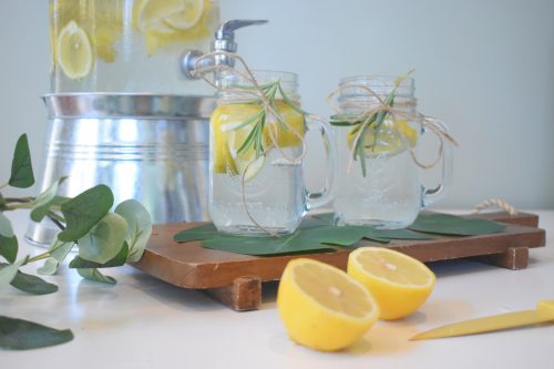 This is a photo fo some lemons in a jar of water with some mint