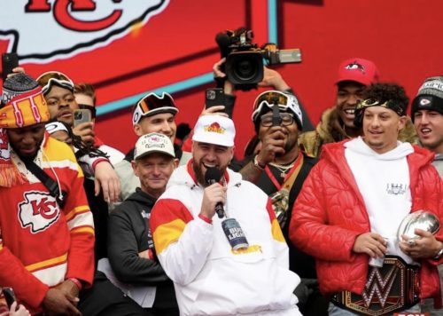 Travis Kelce speaks at the Superbowl Parade