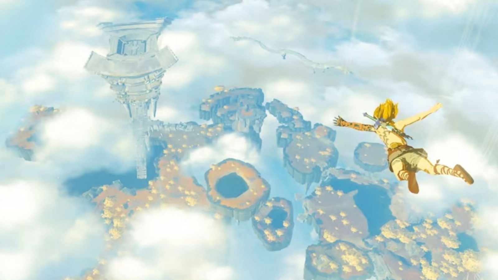 Link free falling to a sky island in the 2023 Nintendo video game The Legend of Zelda: Tears of the Kingdom.