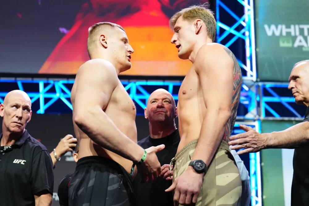 UFC heavyweights Sergei Pavlovich and Alexander Volkov face off ahead of their co-main event bout at UFC Saudi Arabia.