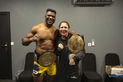 PFL Super Fights champions Francis Ngannou and Cris Cyborg together after their title victories at PFL: Battle of the Giants.