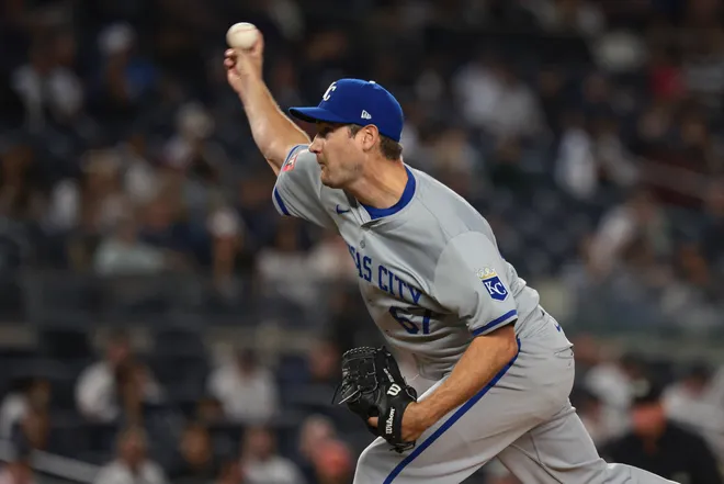 Seth Lugo of The Kansas City Royals., pitching against the New York Yankees.