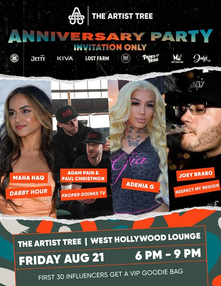 California's Artist Tree Dispensaries Celebrate 7th Anniversary With An Invite Only West Hollywood Lounge Party Featuring Top California Cannabis Brands